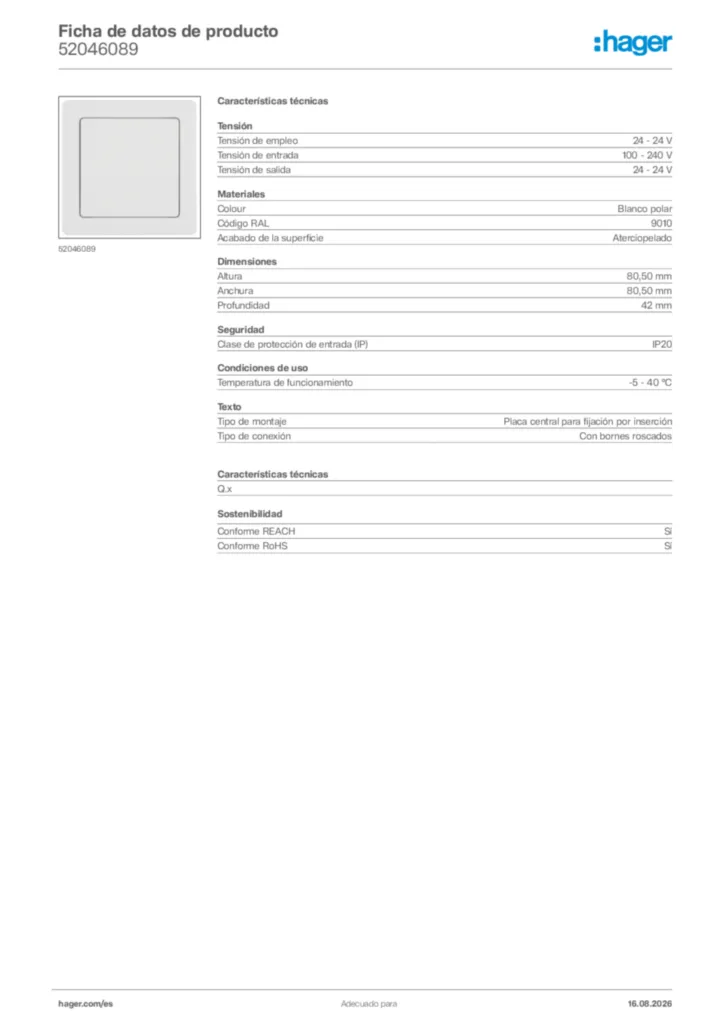 Imagen Hager Ficha de datos de producto 52046089 | Hager España