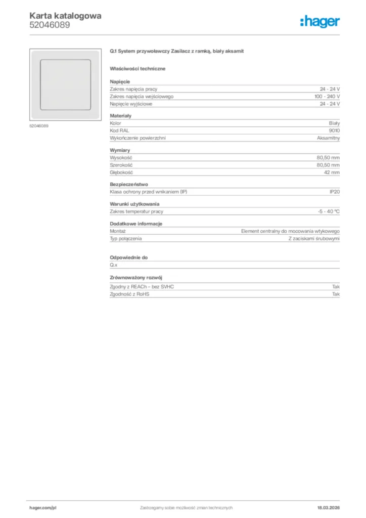 Zdjęcie Hager Karta katalogowa 52046089 | Hager Polska