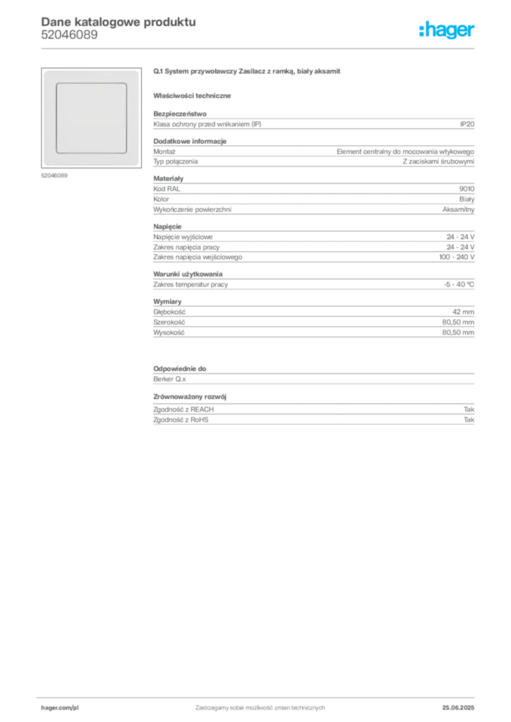 Zdjęcie Hager Dane katalogowe produktu 52046089 | Hager Polska