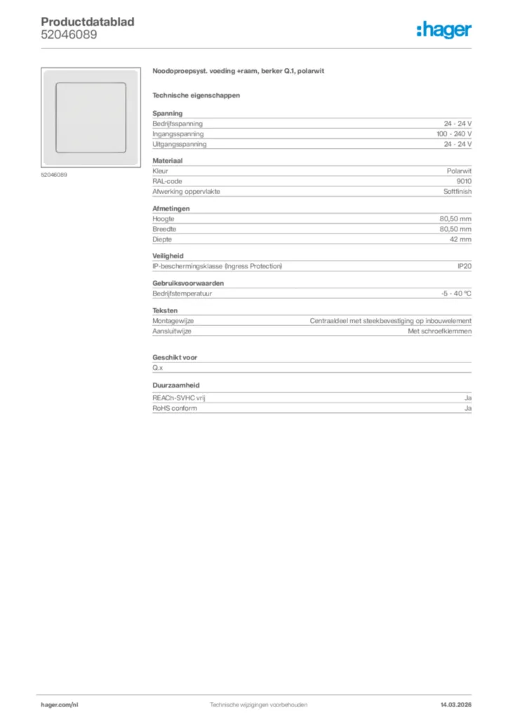 Afbeelding Hager Productdatablad 52046089 | Hager Nederland