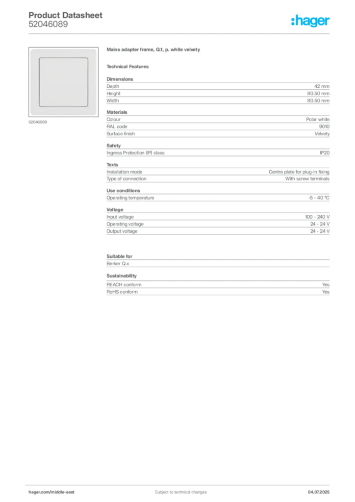 Image Hager Product data sheet 52046089  | Hager