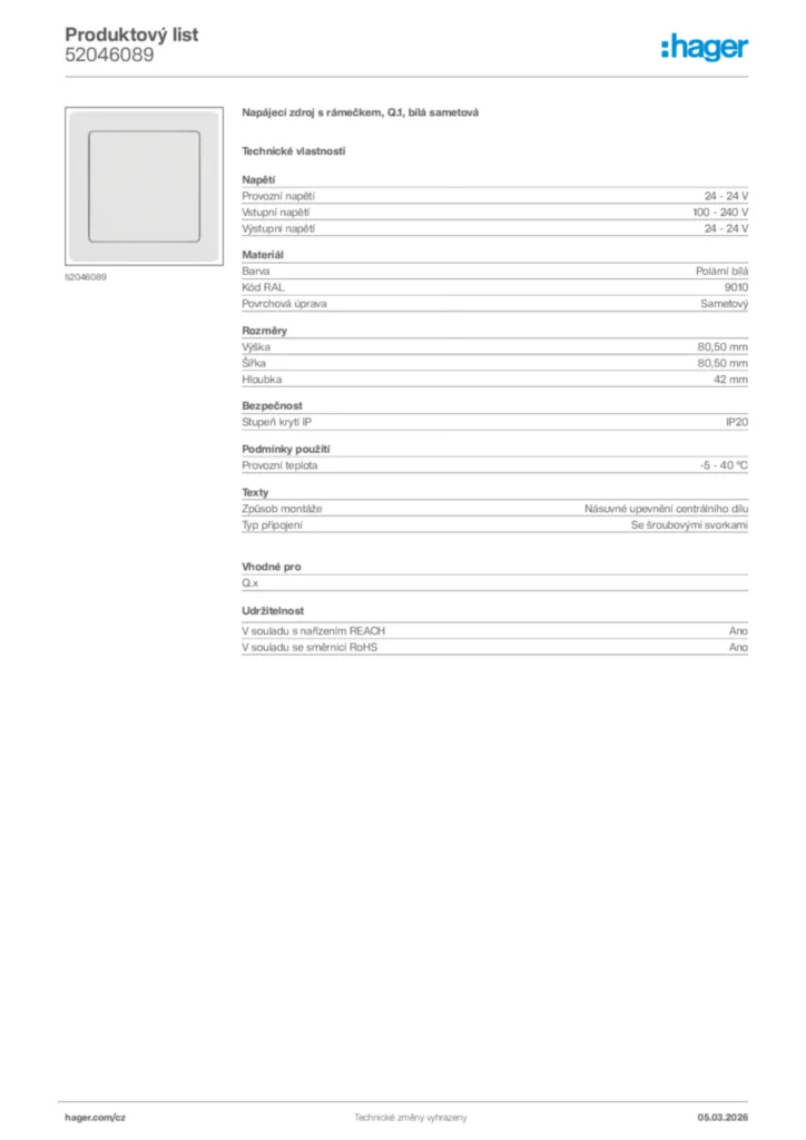 Obrázek Hager Product data sheet 52046089 | Hager