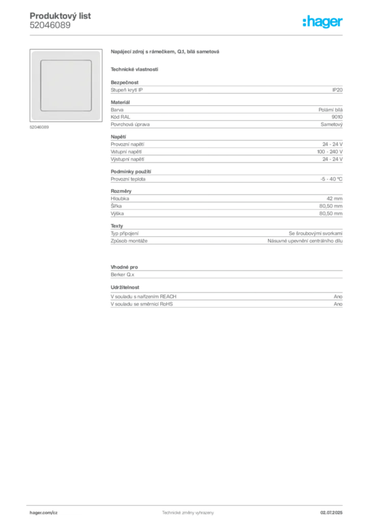 Obrázek Hager Produktový list 52046089 | Hager