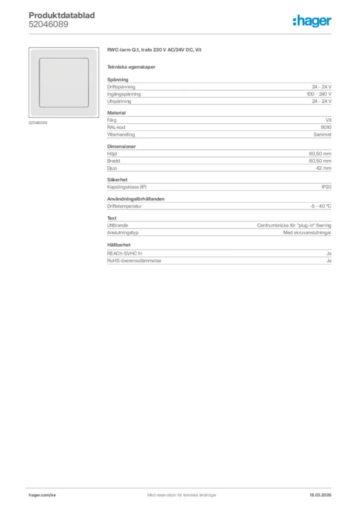 Bild Hager Produktdatablad 52046089 | Hager Sverige