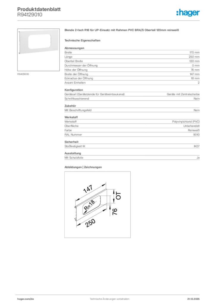 Bild Hager Produktdatenblatt R94129010 | Hager Deutschland