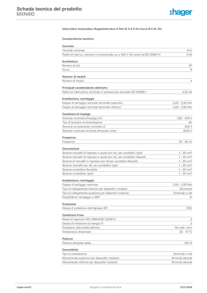 Immagine Hager Scheda tecnica del prodotto MXN410 | Hager Italia
