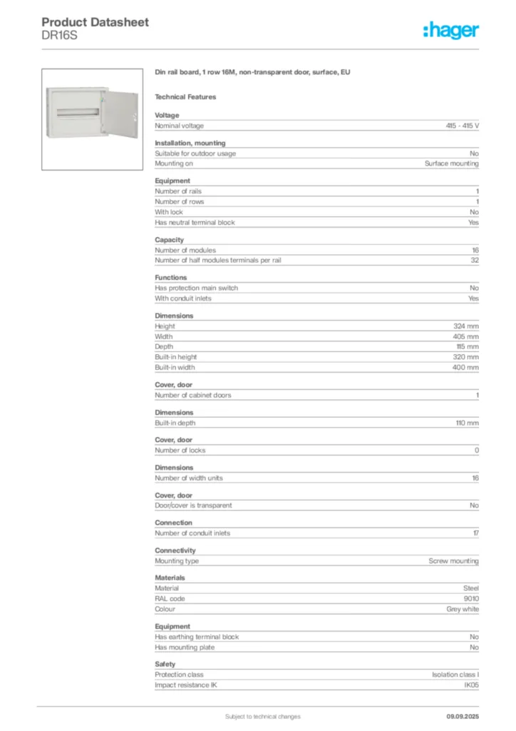 Image Hager Product data sheet DR16S  | Hager Africa
