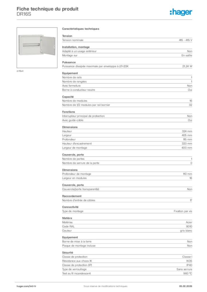 Image Hager Fiche technique du produit DR16S | Hager Afrique