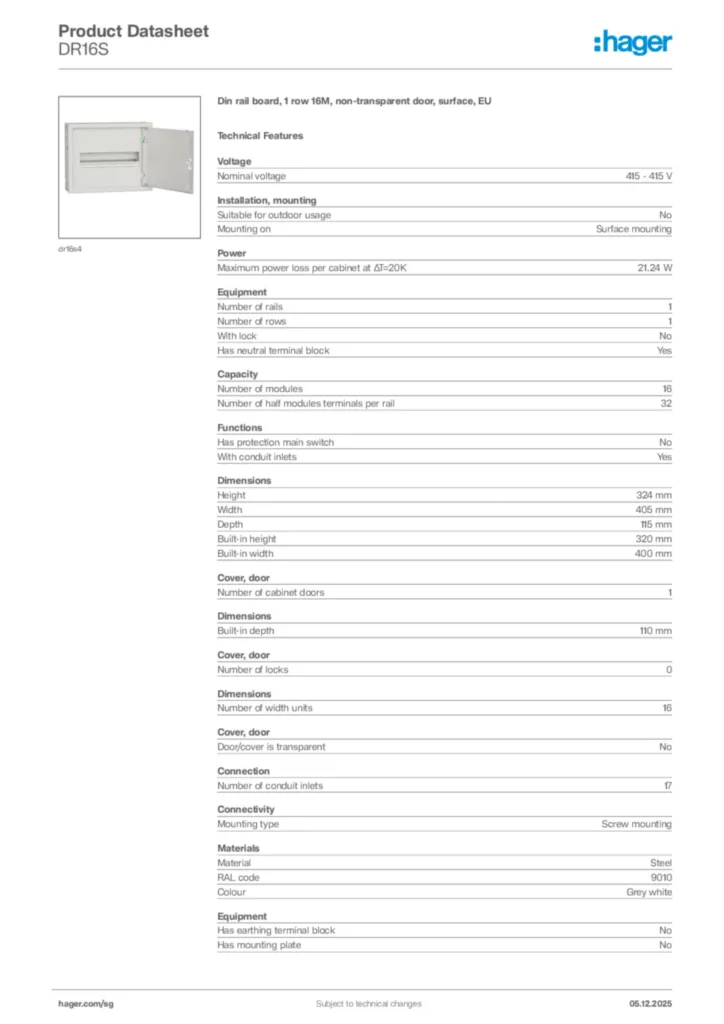 Image Hager Product data sheet DR16S  | Hager