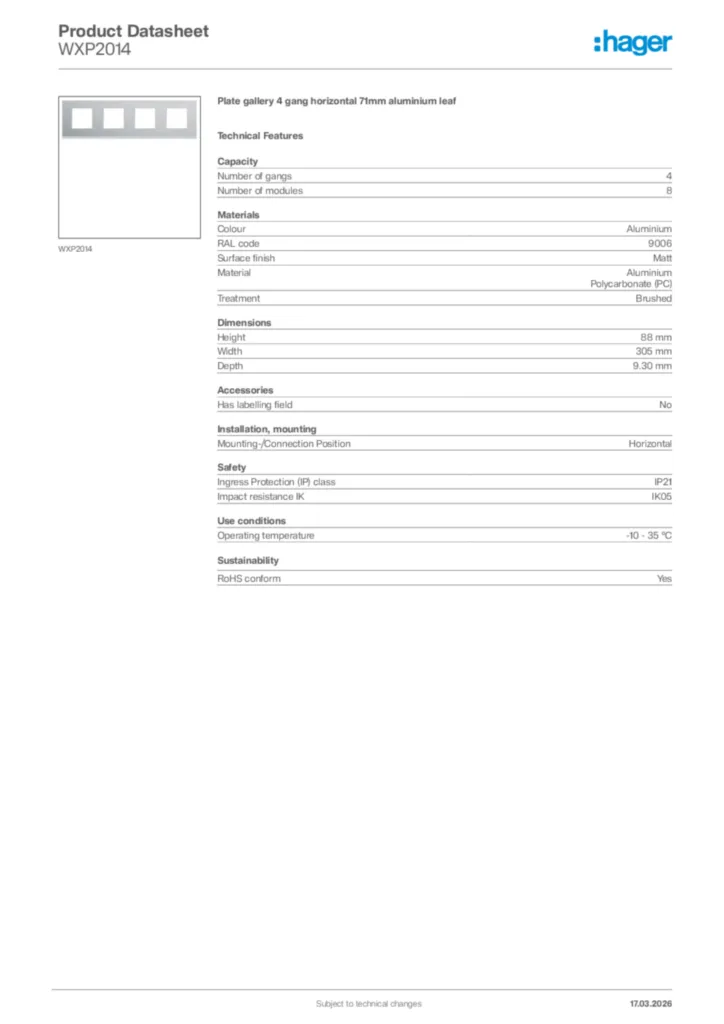 Image Hager Product data sheet WXP2014  | Hager Africa