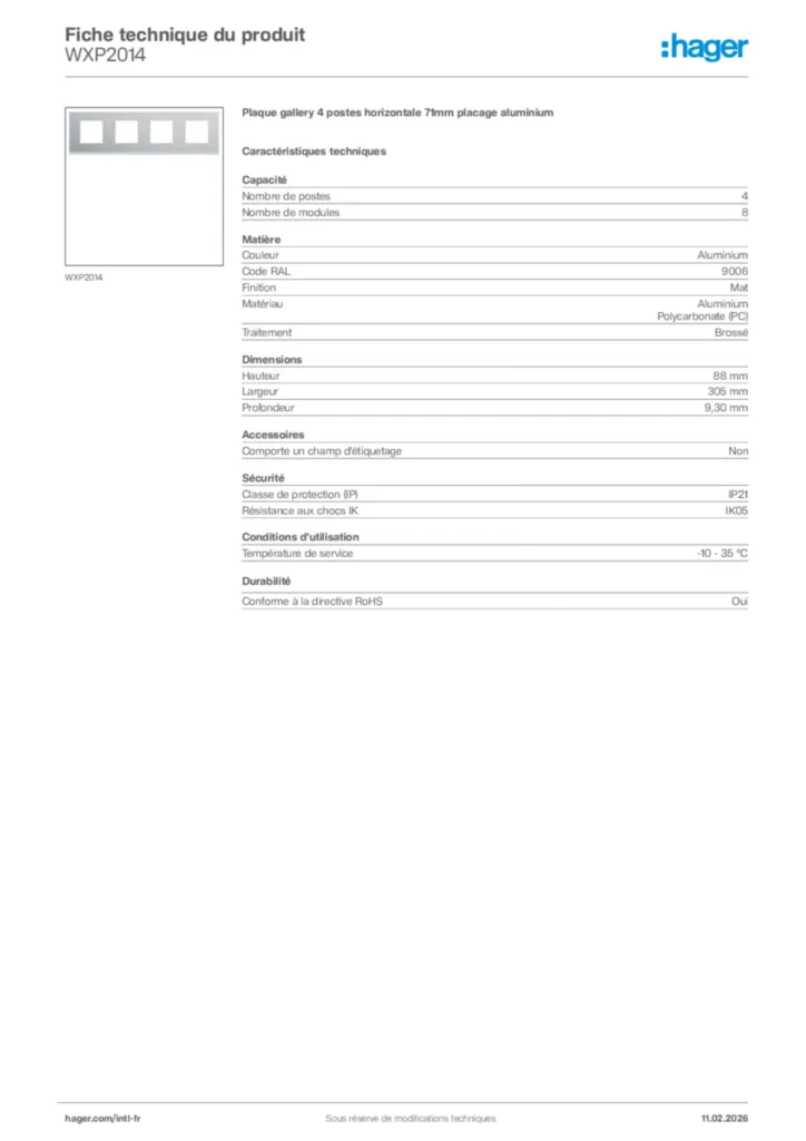 Image Hager Fiche technique du produit WXP2014 | Hager Afrique