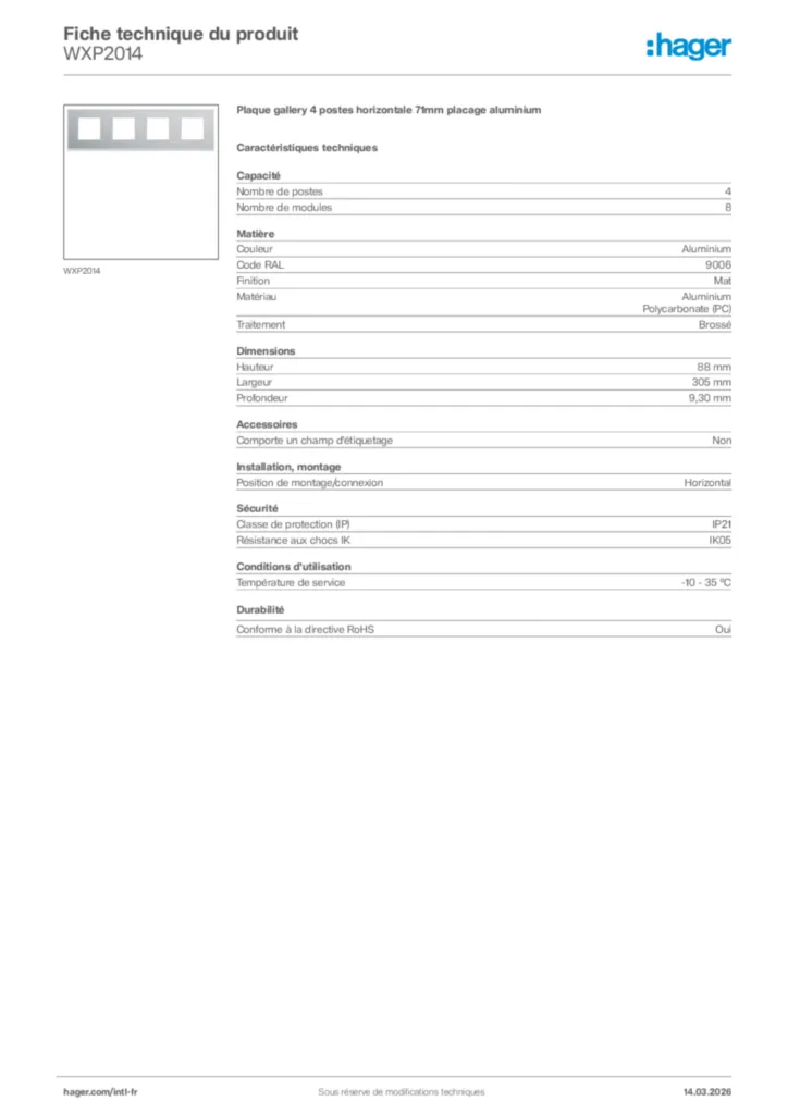 Image Hager Fiche technique du produit WXP2014 | Hager Afrique