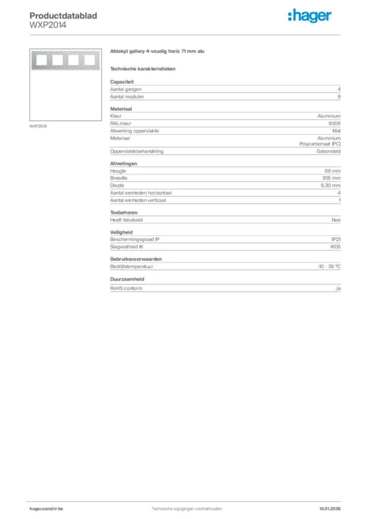 Afbeelding Hager Productdatablad WXP2014 | Hager Belgium