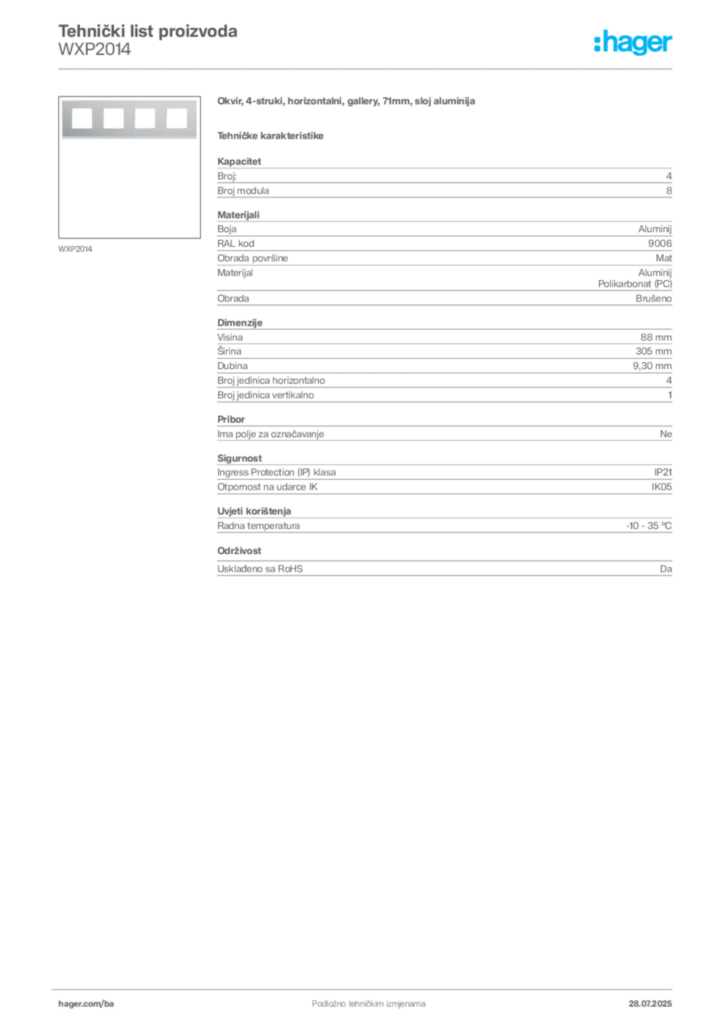 Slika Hager Product data sheet WXP2014  | Hager