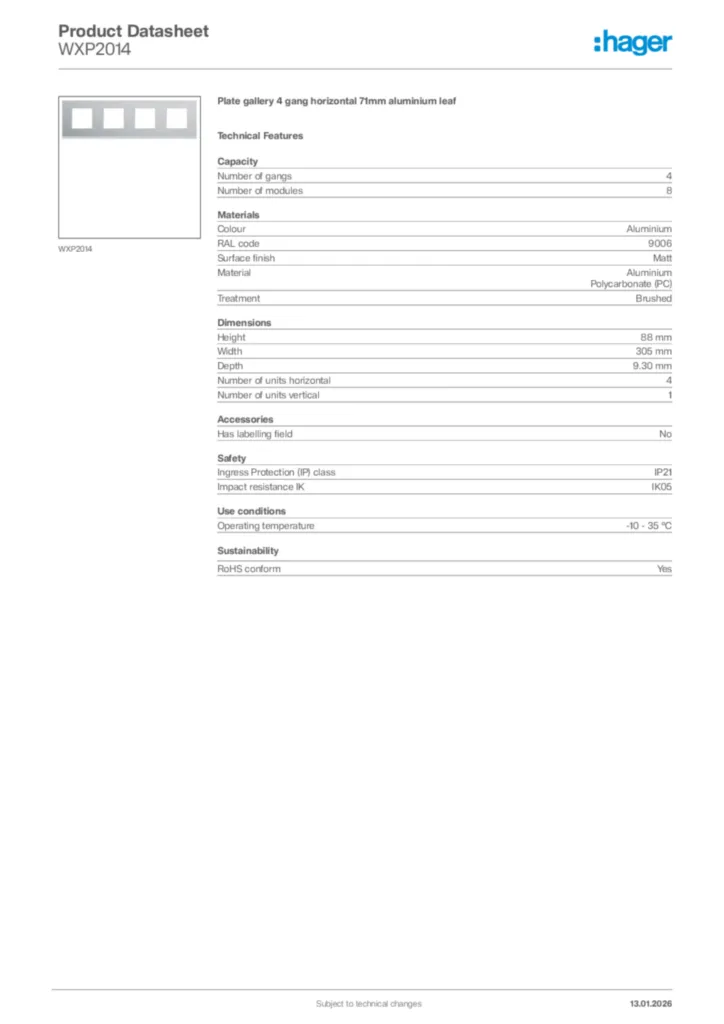 Image Hager Product data sheet WXP2014  | Hager