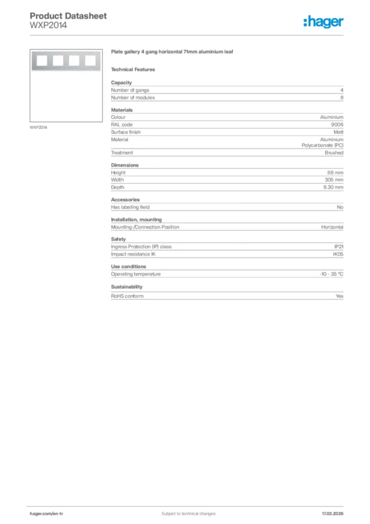 Image Hager Product data sheet WXP2014  | Hager