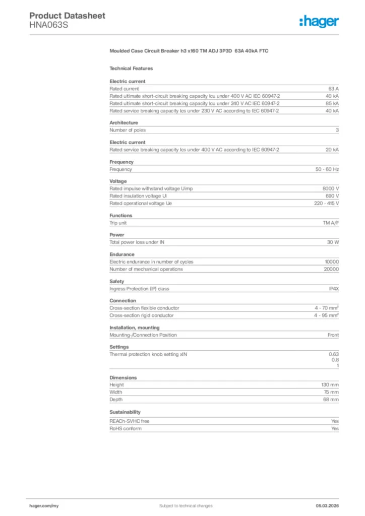Image Hager Product data sheet HNA063S  | Hager