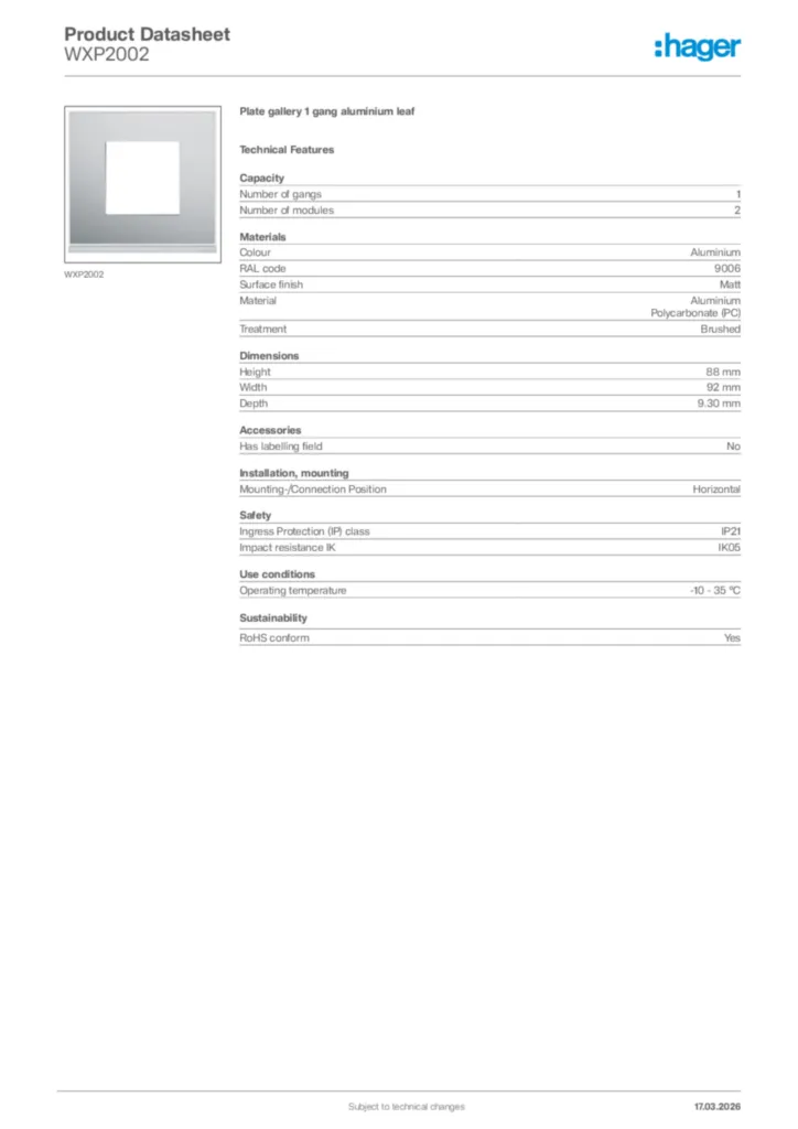 Image Hager Product data sheet WXP2002  | Hager Africa