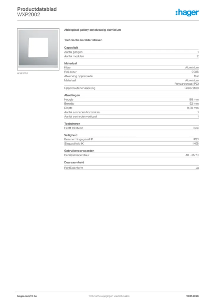 Afbeelding Hager Productdatablad WXP2002 | Hager Belgium