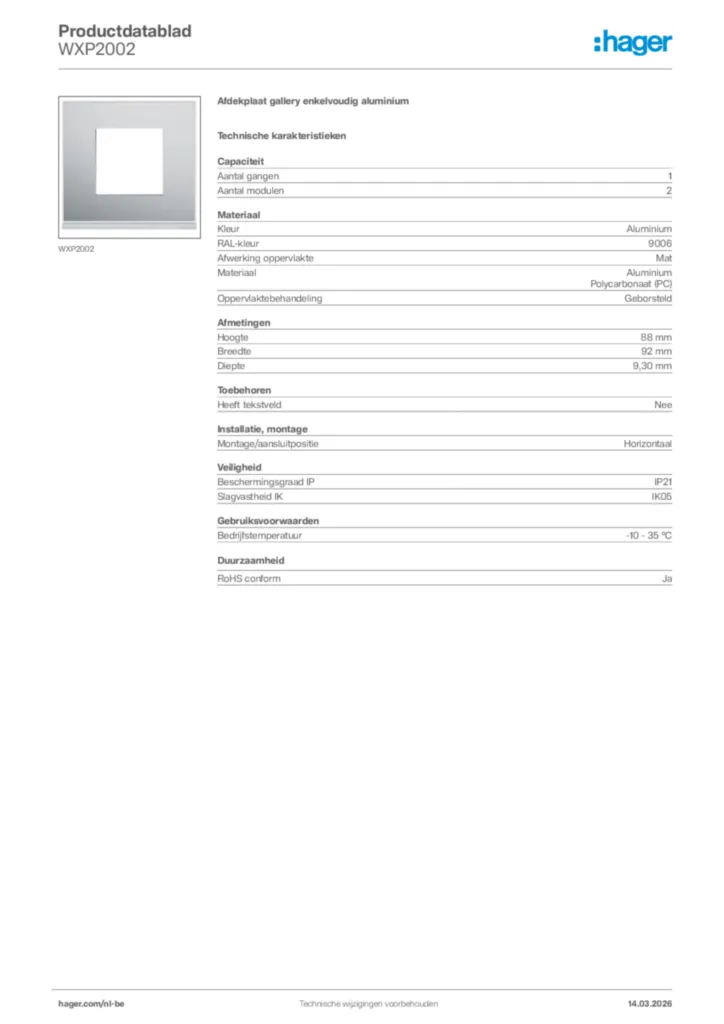 Afbeelding Hager Productdatablad WXP2002 | Hager Belgium