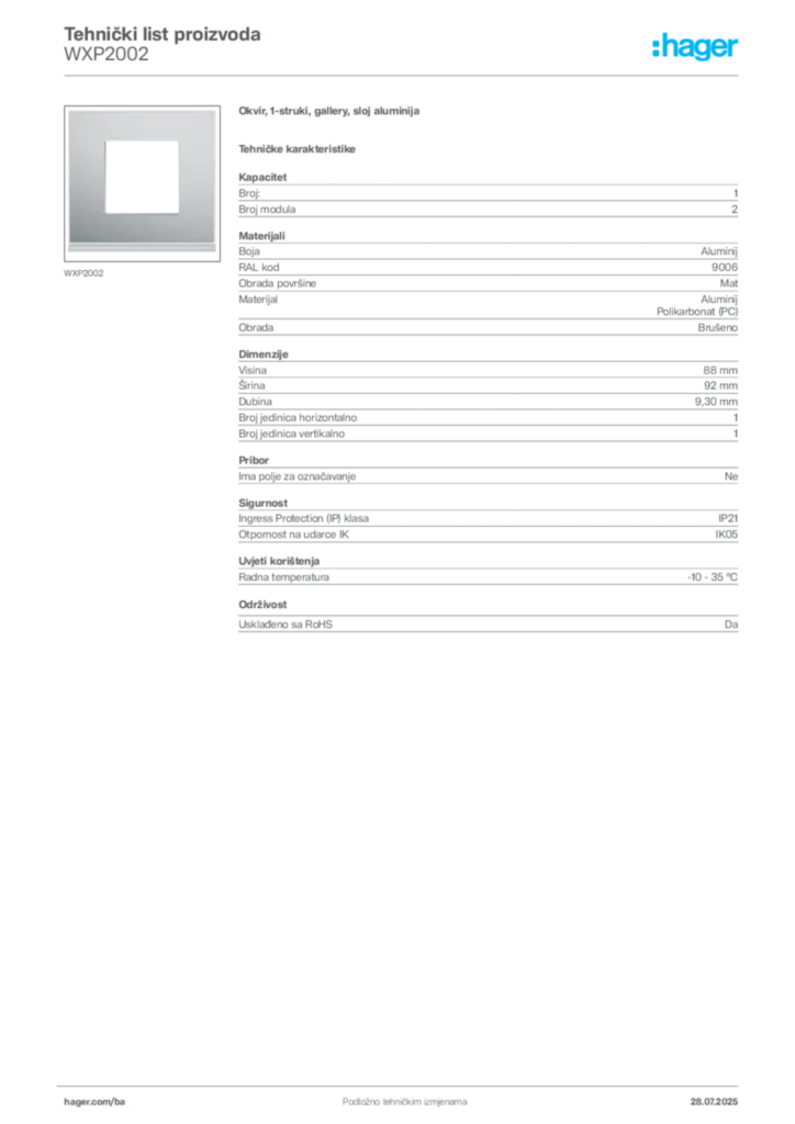 Slika Hager Product data sheet WXP2002  | Hager