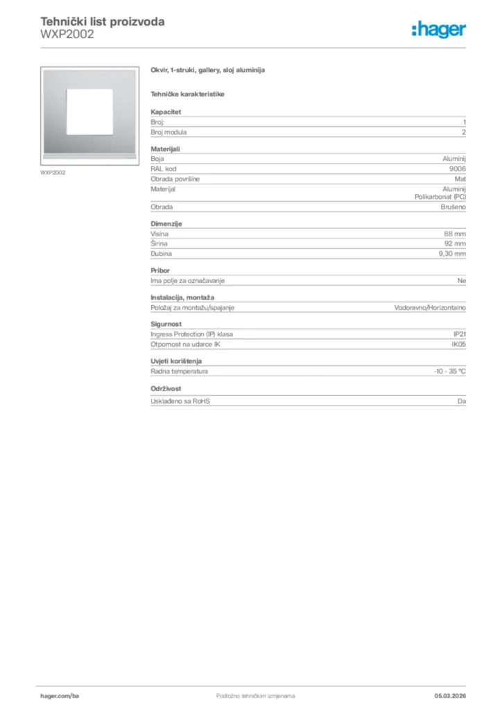 Slika Hager Tehnički list proizvoda WXP2002  | Hager