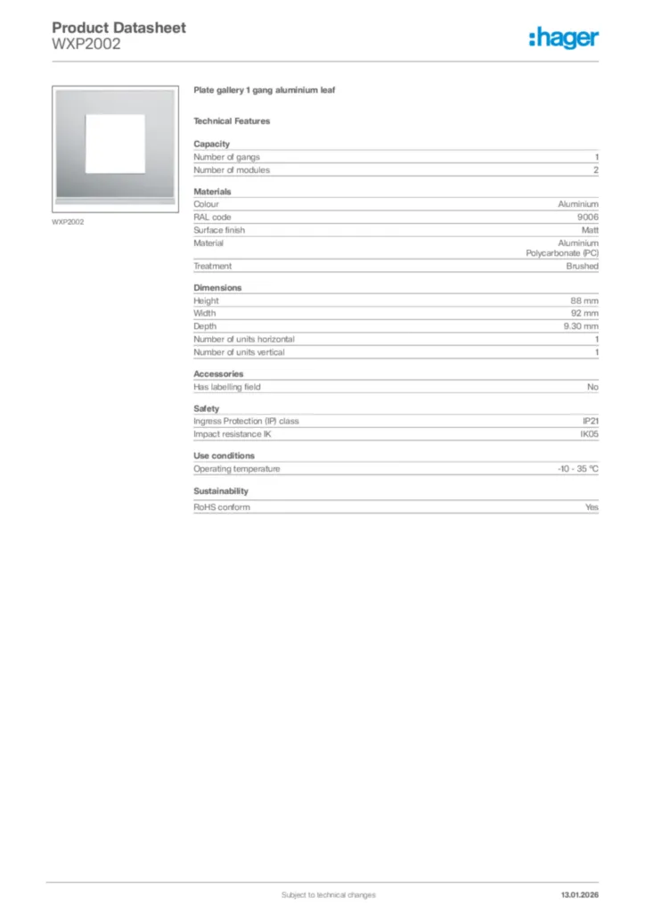 Image Hager Product data sheet WXP2002  | Hager