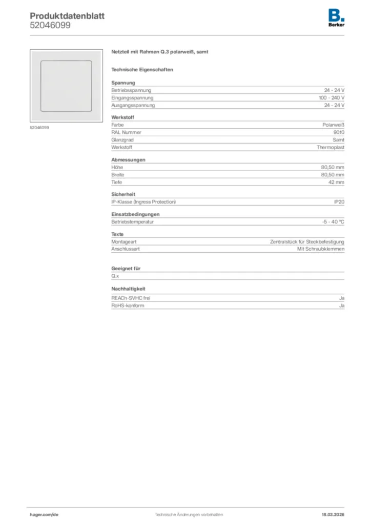 Bild Berker Produktdatenblatt 52046099 | Hager Deutschland