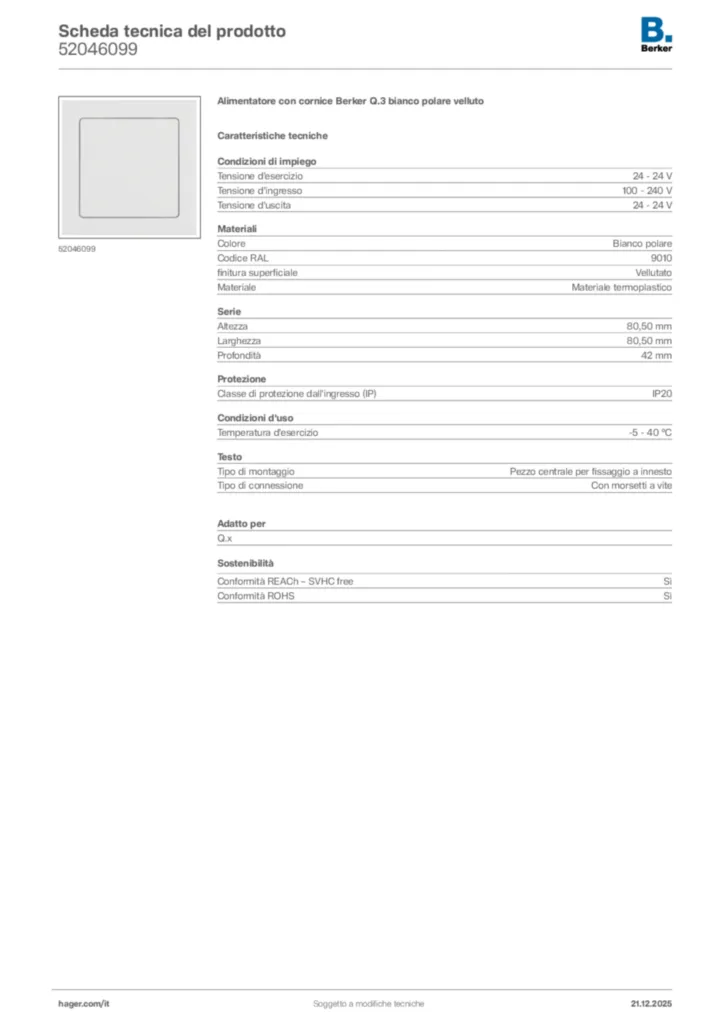 Immagine Berker Scheda tecnica del prodotto 52046099 | Hager Italia