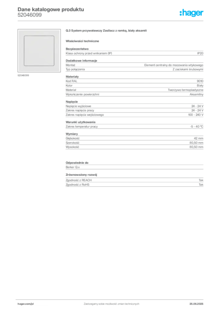 Zdjęcie Hager Dane katalogowe produktu 52046099 | Hager Polska