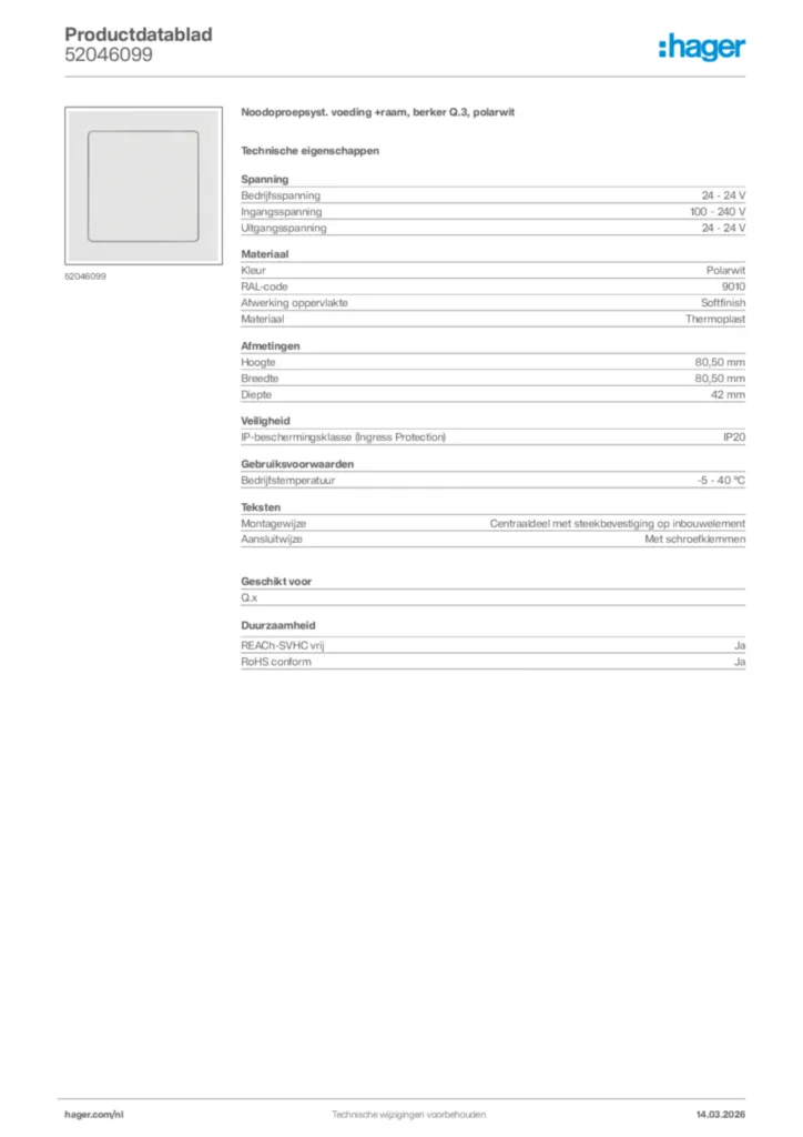 Afbeelding Hager Productdatablad 52046099 | Hager Nederland