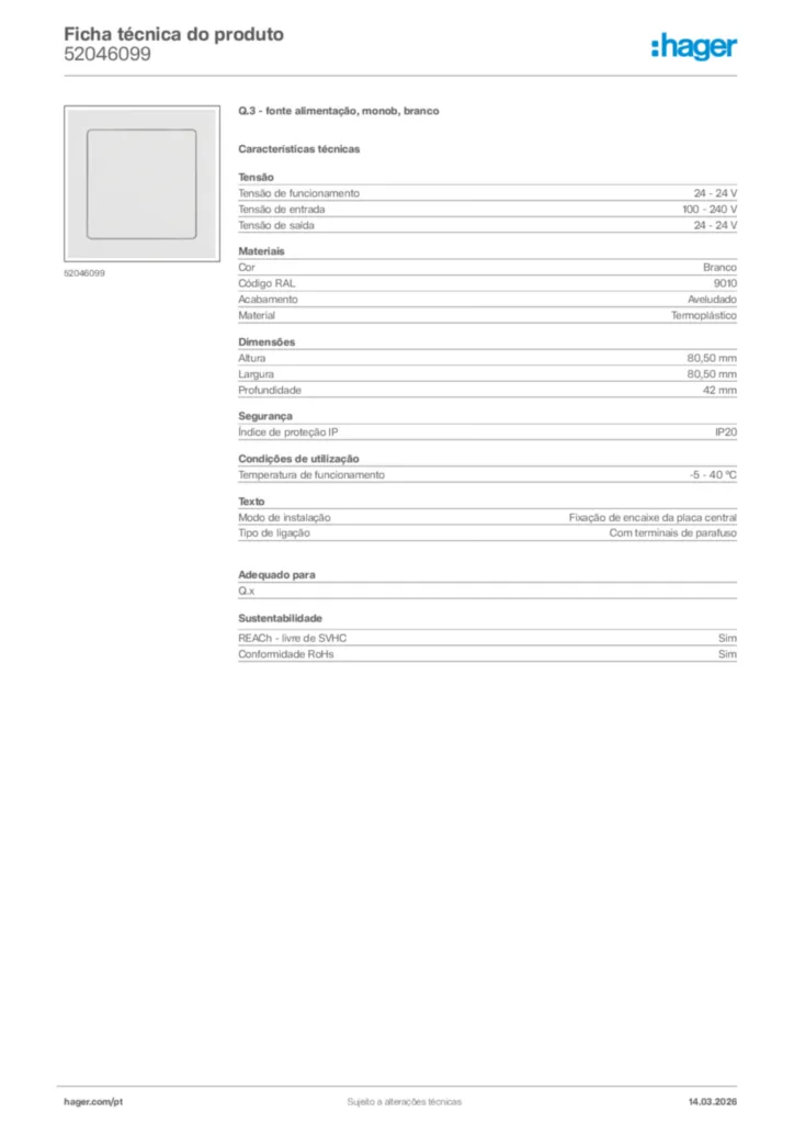 Imagem Hager Ficha técnica do produto 52046099 | Hager Portugal