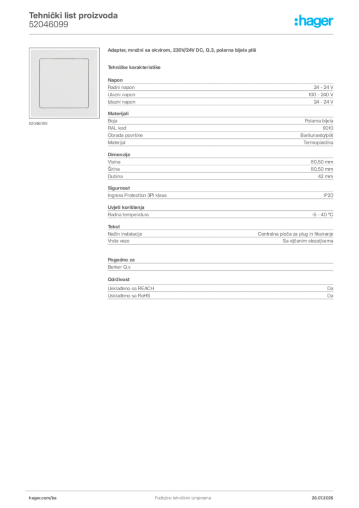 Slika Hager Product data sheet 52046099  | Hager