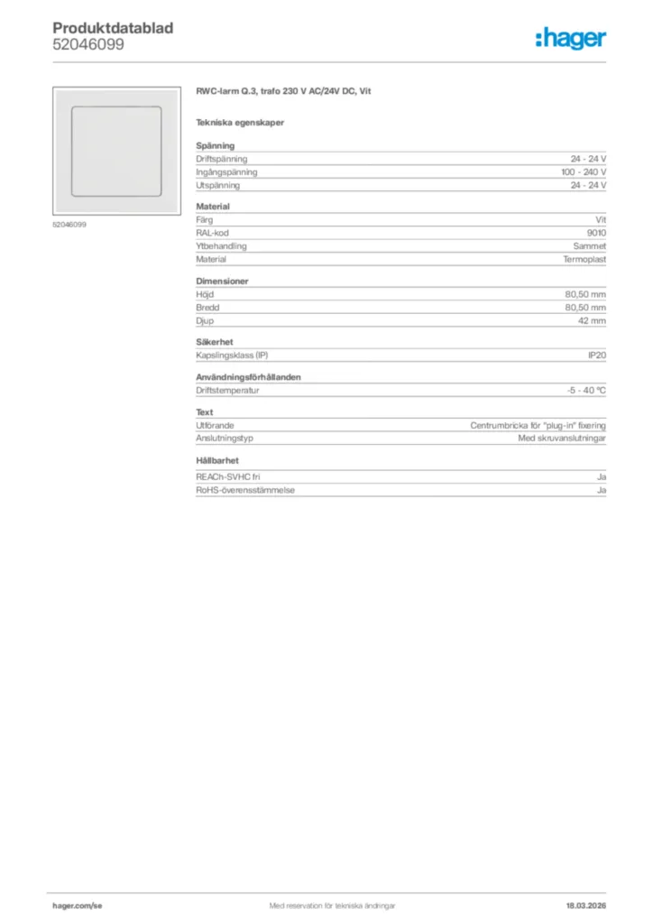 Bild Hager Produktdatablad 52046099 | Hager Sverige