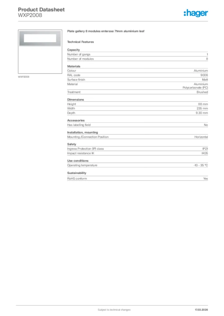Image Hager Product data sheet WXP2008  | Hager Africa