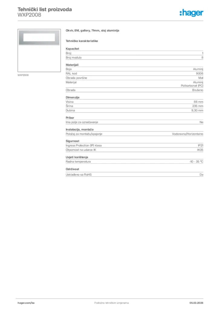 Slika Hager Tehnički list proizvoda WXP2008  | Hager