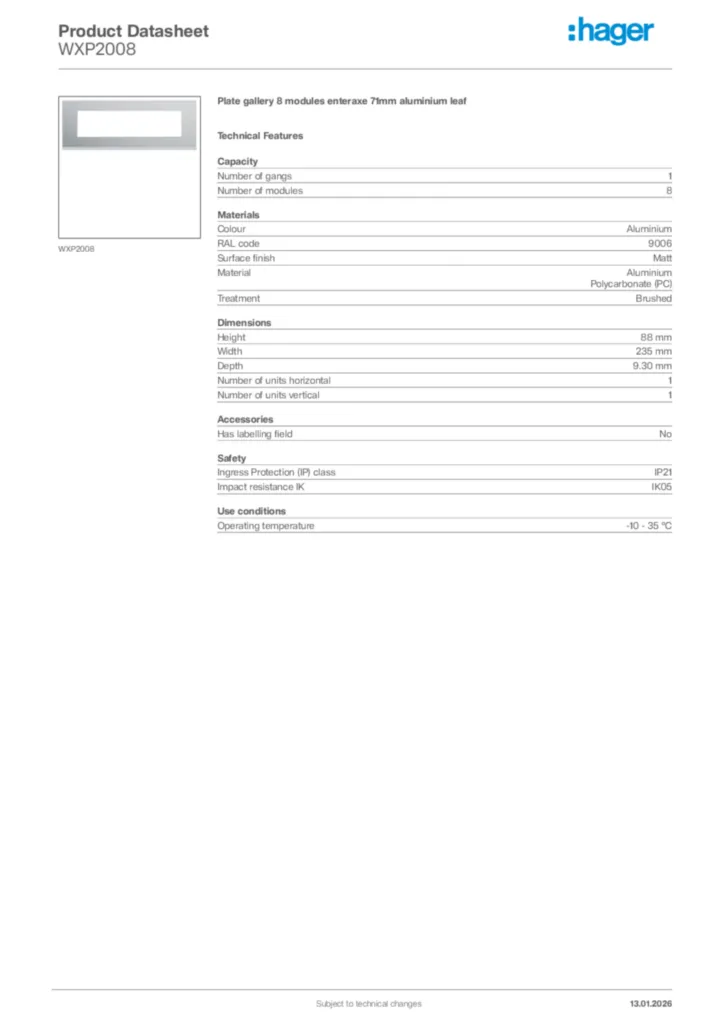 Image Hager Product data sheet WXP2008  | Hager