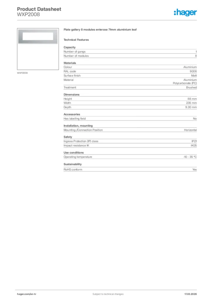 Image Hager Product data sheet WXP2008  | Hager