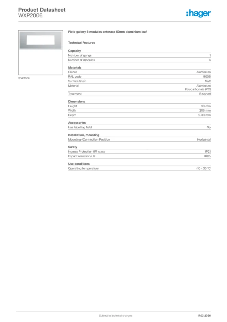 Image Hager Product data sheet WXP2006  | Hager Africa