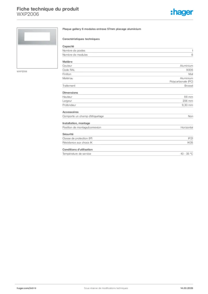 Image Hager Fiche technique du produit WXP2006 | Hager Afrique