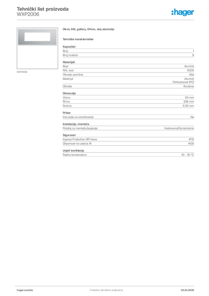 Slika Hager Tehnički list proizvoda WXP2006  | Hager