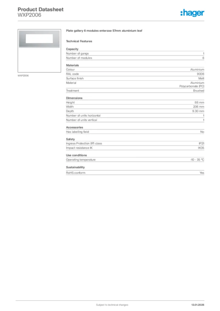 Image Hager Product data sheet WXP2006  | Hager