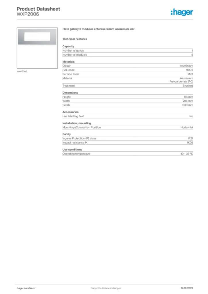 Image Hager Product data sheet WXP2006  | Hager