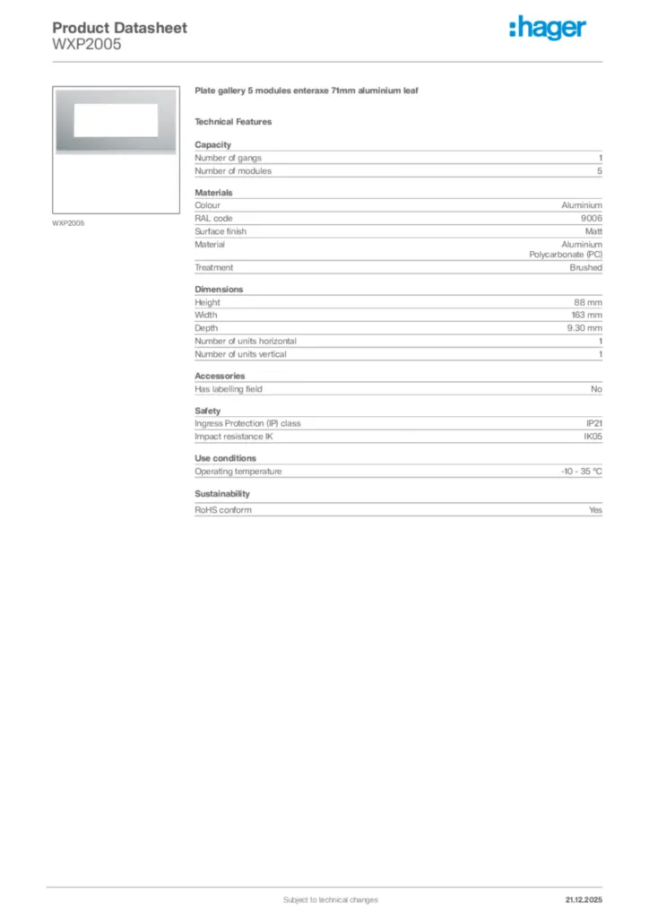 Image Hager Product data sheet WXP2005  | Hager Africa