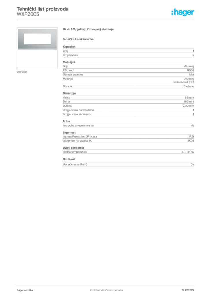 Slika Hager Product data sheet WXP2005  | Hager