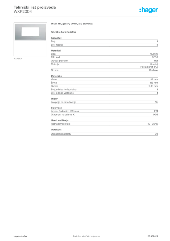 Slika Hager Product data sheet WXP2004  | Hager