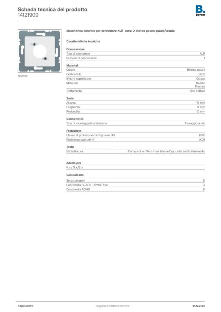 Immagine Berker Scheda tecnica del prodotto 14121909 | Hager Italia