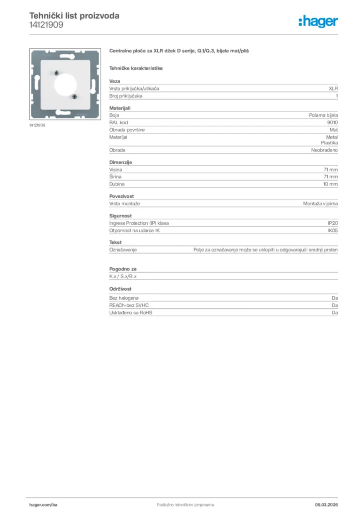 Slika Hager Tehnički list proizvoda 14121909  | Hager
