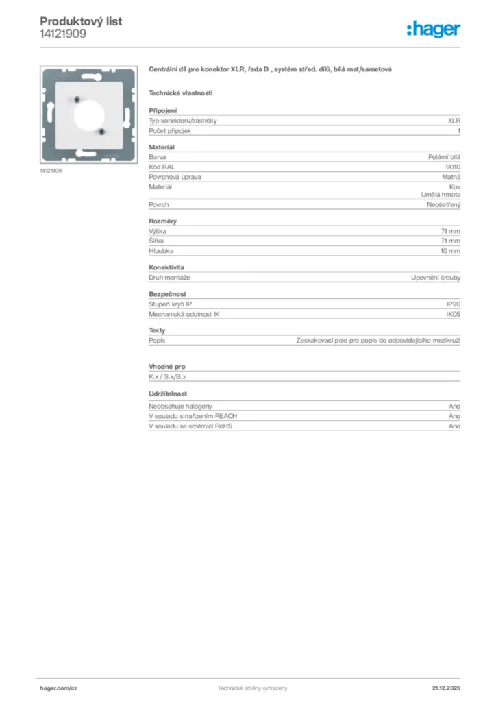 Obrázek Hager Produktový list 14121909 | Hager