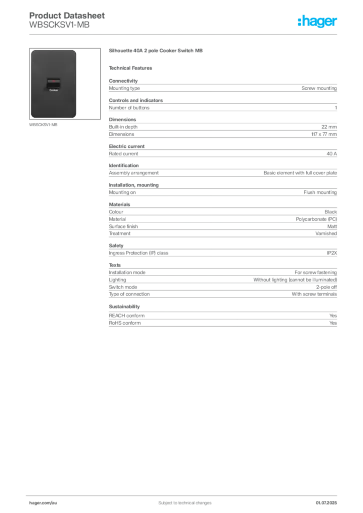 Image Hager Product data sheet WBSCKSV1-MB  | Hager Australia